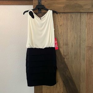 White Sleeveless Dress w/ Black Pleated Skirt